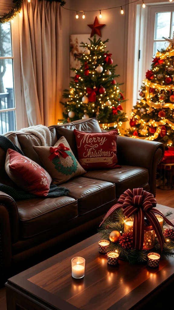 Living room with brown leather couch, Christmas tree, and festive decorations.